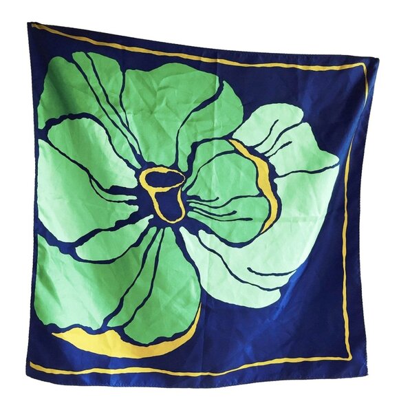Large Square Floral Scarf Green Navy Blue Yellow Flower Vintage Accessory - Picture 2 of 3